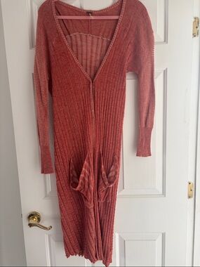 Free People Coral Rust Ribbed V-Neck Cardigan